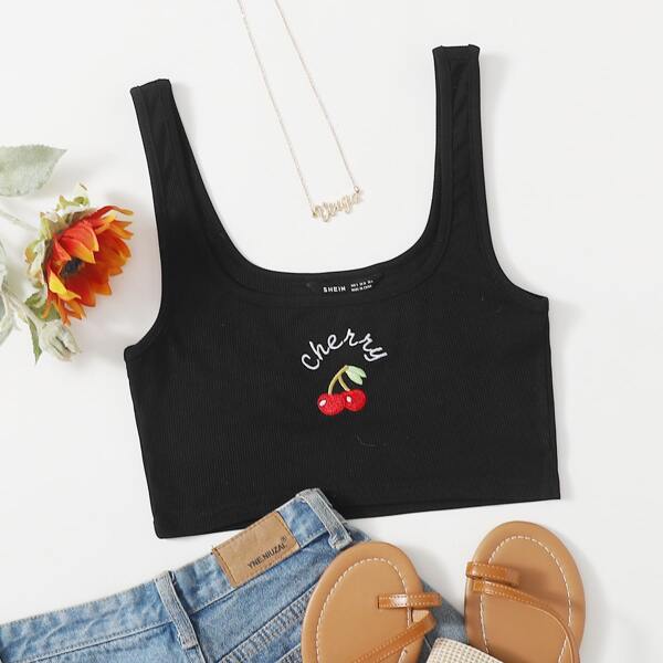 

Cherry Embroidered Rib-knit Tank Top, Black