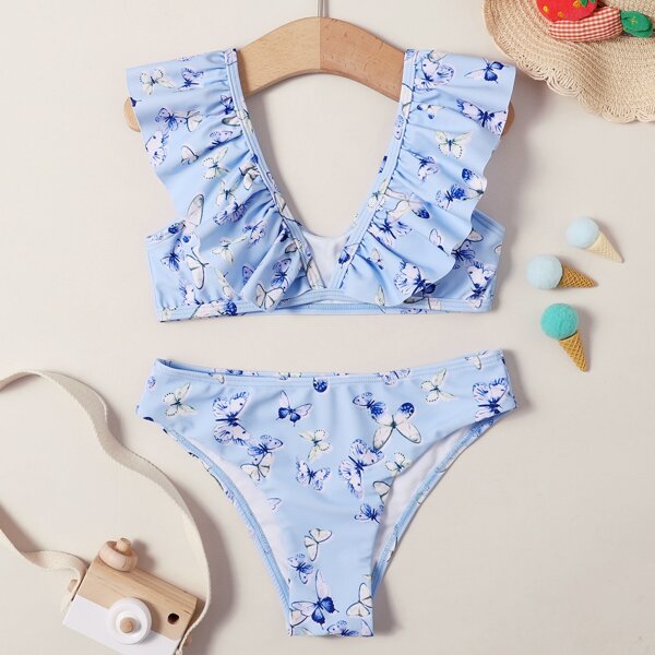 

Girls Butterfly Print Ruffle Bikini Swimsuit, Baby blue