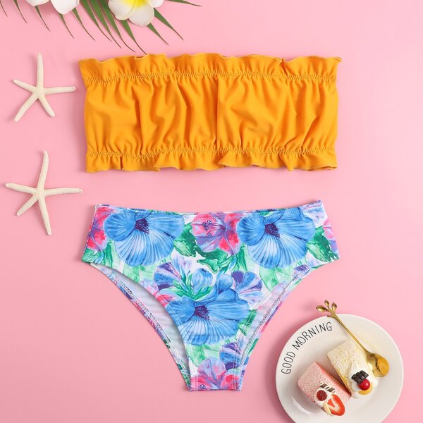 

Girls Floral Ruched Frill Bandeau Bikini Swimsuit, Multicolor