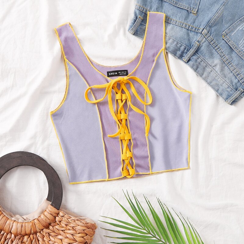

Lace Up Front Contrast Stitch Tank Top, Lilac purple