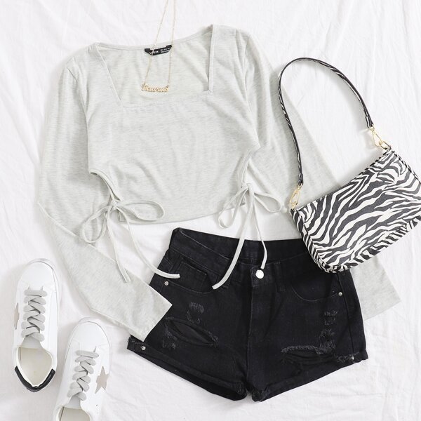 

Square Neck Cutout Knot Hem Crop Tee, Light grey