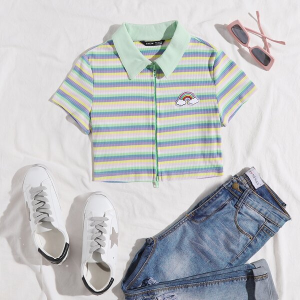 

Rainbow Patched Striped Zipper Tee, Multicolor