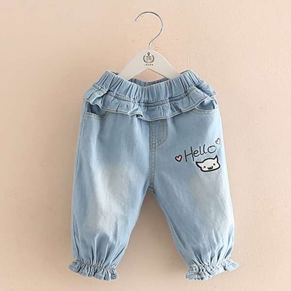 

Toddler Girls Cartoon Graphic Ruffle Jeans, Light wash