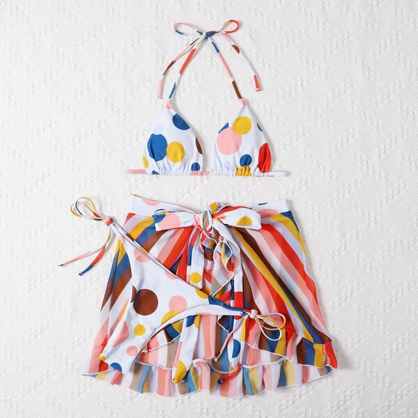 

3pack Polka Dot & Striped Bikini Swimsuit With Beach Skirt, Multicolor