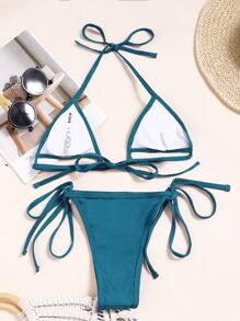 Cut-Out Micro Triangle Thong Bikini Set - Teal Blue - View 2