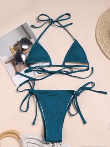 Cut-Out Micro Triangle Thong Bikini Set - Teal Blue - View 4