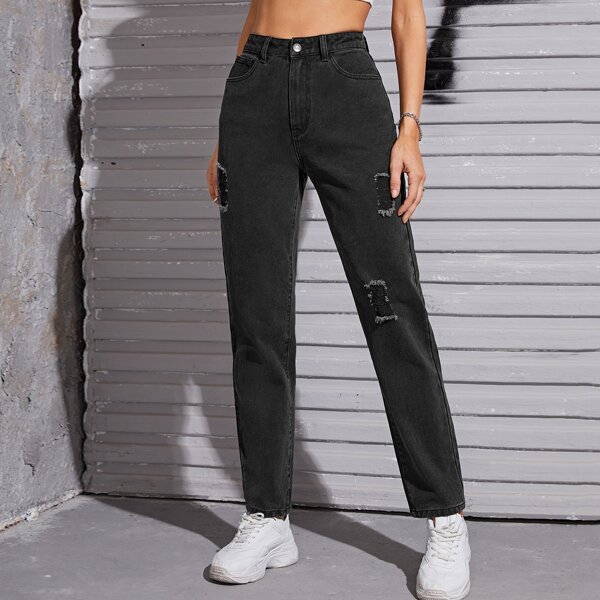 

High Waist Ripped Detail Slant Pocket Jeans, Black