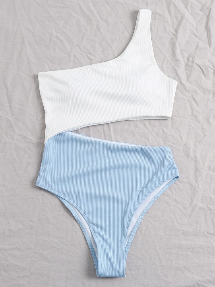 SHEIN Swim Bañador una pieza de un hombro con abertura de canalé de dos colores - Azul y blanco - Añade 3