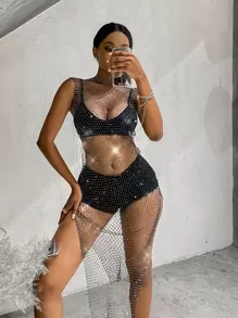 Split Thigh Fishing Net Rhinestone Sheer Dress Without Lingerie - Black - View 1