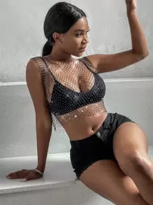 Zolique Rhinestone Detail Sheer Mesh Tank Top Without Bra - Black - View 5