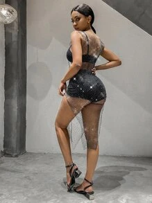 Split Thigh Fishing Net Rhinestone Sheer Dress Without Lingerie - Black - View 2