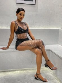 Split Thigh Fishing Net Rhinestone Sheer Dress Without Lingerie - Black - View 6