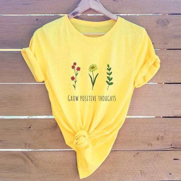

Floral And Slogan Graphic Tee, Yellow