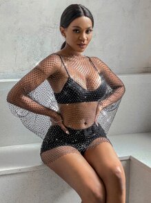 Zolique Drop Shoulder Fishing Net Rhinestone Sheer Top Without Lingerie Fall Cloth For Women - Black - View 5