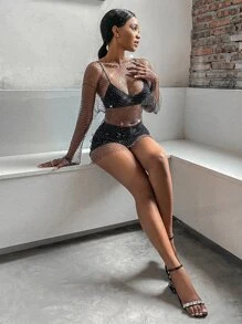 Zolique Drop Shoulder Fishing Net Rhinestone Sheer Top Without Lingerie Fall Cloth For Women - Black - View 6