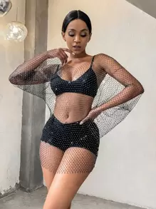 Drop Shoulder Fishing Net Rhinestone Sheer Cover Up Without Lingerie, For Summer Beach Vacation - Black - View 1