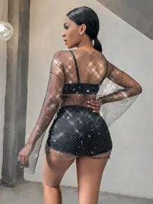 Drop Shoulder Fishing Net Rhinestone Sheer Cover Up Without Lingerie, For Summer Beach Vacation - Black - View 2