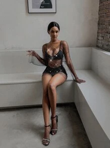 Drop Shoulder Fishing Net Rhinestone Sheer Cover Up Without Lingerie, For Summer Beach Vacation - Black - View 3