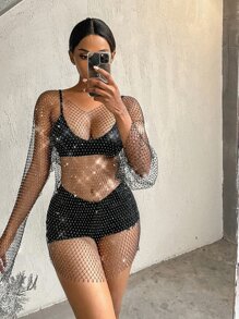 Drop Shoulder Fishing Net Rhinestone Sheer Cover Up Without Lingerie, For Summer Beach Vacation - Black - View 4