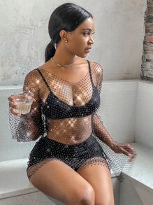 Drop Shoulder Fishing Net Rhinestone Sheer Cover Up Without Lingerie, For Summer Beach Vacation - Black - View 6