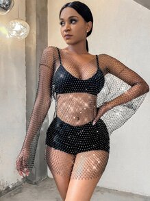 Drop Shoulder Fishing Net Rhinestone Sheer Cover Up Without Lingerie, For Summer Beach Vacation - Black - View 7