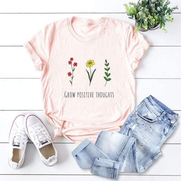 

Floral And Slogan Graphic Tee, Baby pink