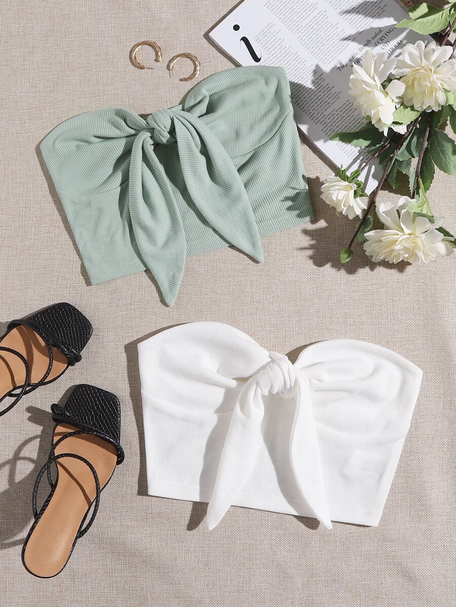 Soleia 2 Packs Tie Front Rib-Knit Tube Top - Multicolor - View 1