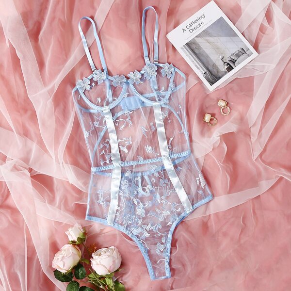 

Embroidered Mesh Underwire Teddy Bodysuit, Baby blue