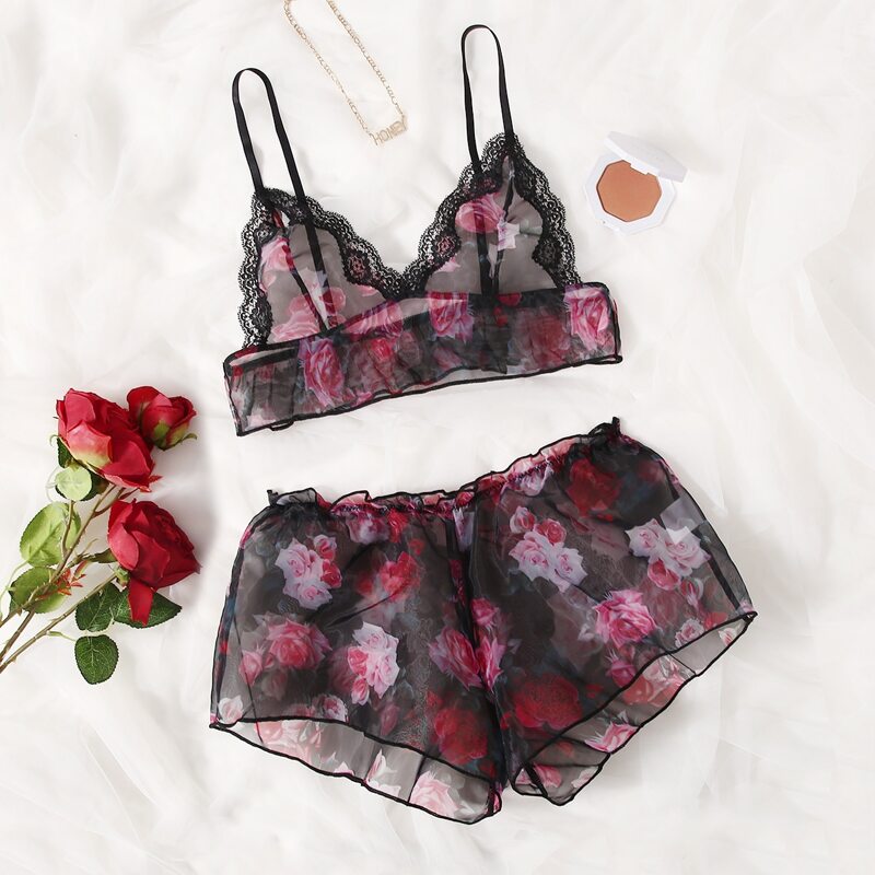 

Floral Print Mesh Lingerie Set, Black