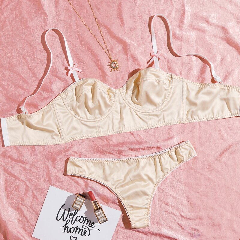 

Satin Bow Decor Push Up Lingerie Set, Beige