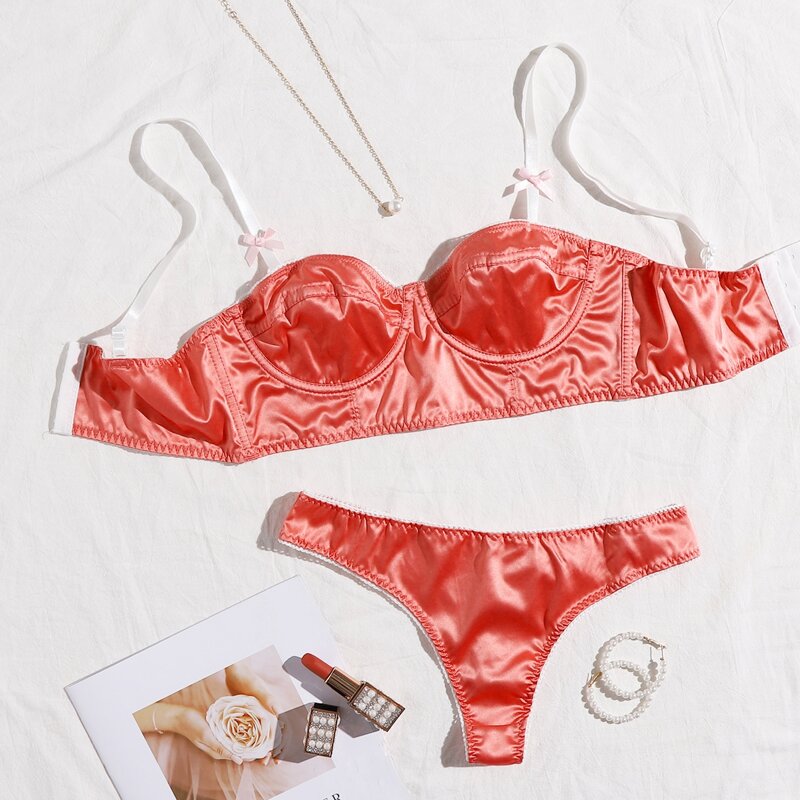 

Satin Bow Decor Push Up Lingerie Set, Orange