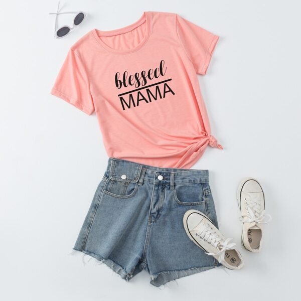 

Letter Graphic Round Neck Tee, Coral pink