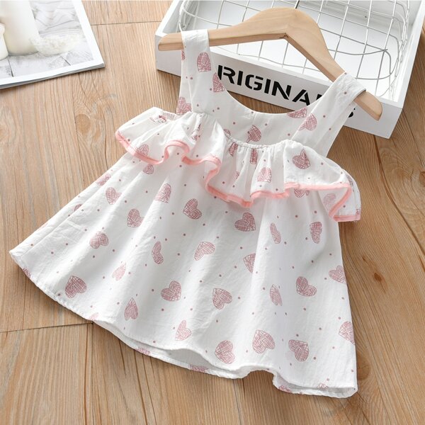 

Toddler Girls Heart And Polka Dot Ruffle Trim Tank Top, White