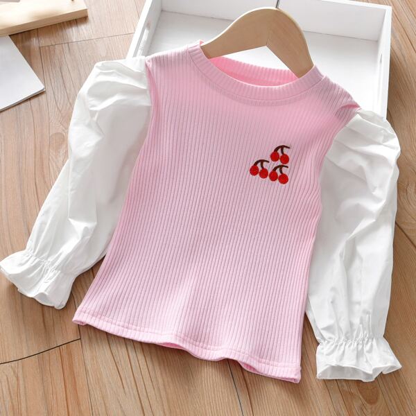 

Toddler Girls Cherry Embroidery Puff Sleeve Tee, Baby pink