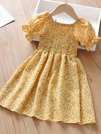 SHEIN Young Girl Ditsy Floral Print Shirred Dress