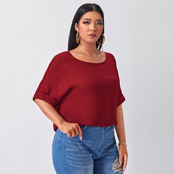 

Plus Batwing Sleeve Solid Blouse, Burgundy