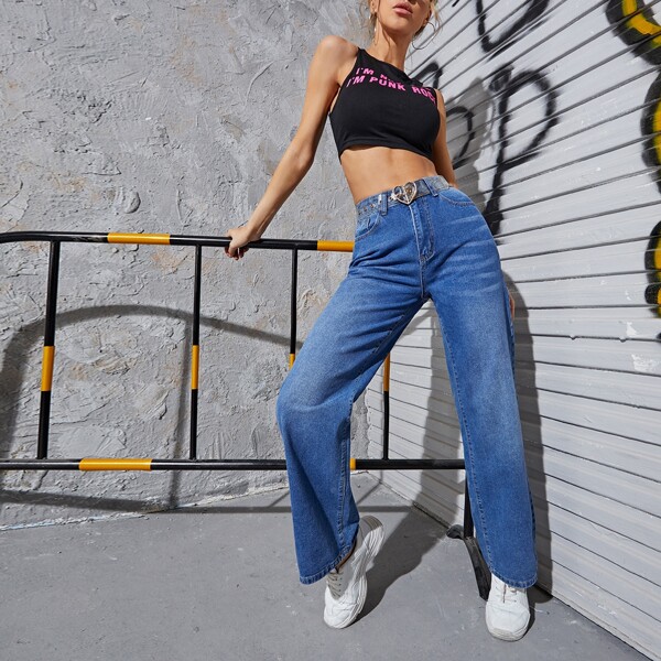 

Light Wash High-Waisted Straight Leg Jeans Without Chain, Medium wash