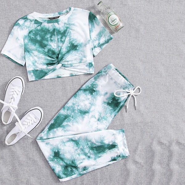 

Tie Dye Twist Tee With Drawstring Sweatpants, Green