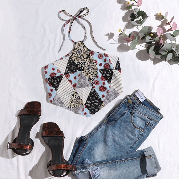 

Patchwork Print Tie Back Halter Top, Multicolor