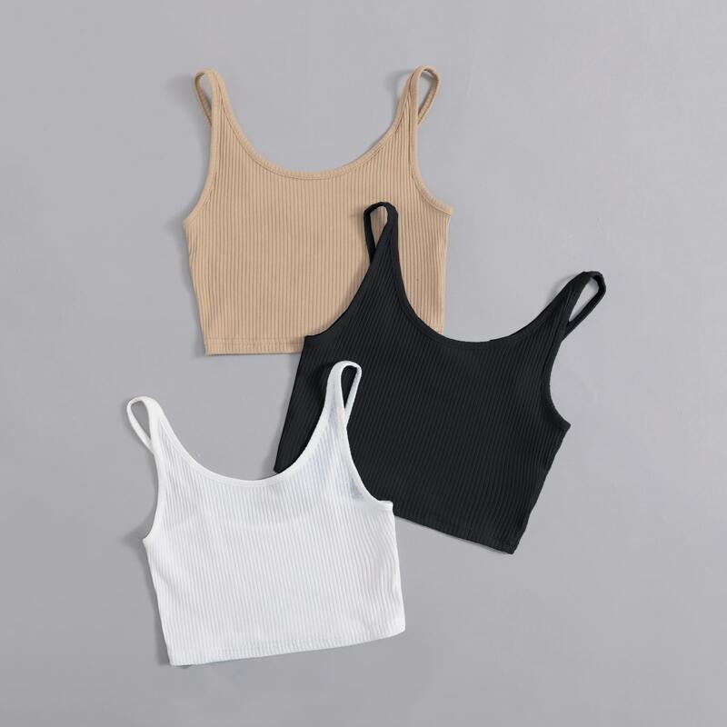 

3pcs Solid Ribbed Crop Cami, Multicolor