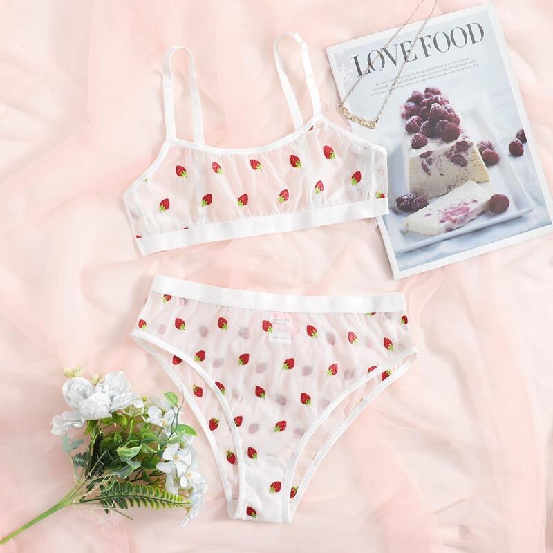 

Strawberry Embroidered Mesh Lingerie Set, White