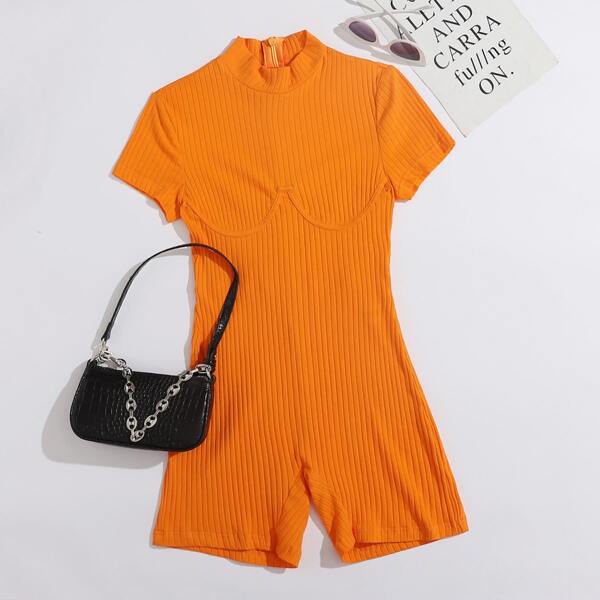 

Mock-Neck Rib-knit Bustier Romper, Orange