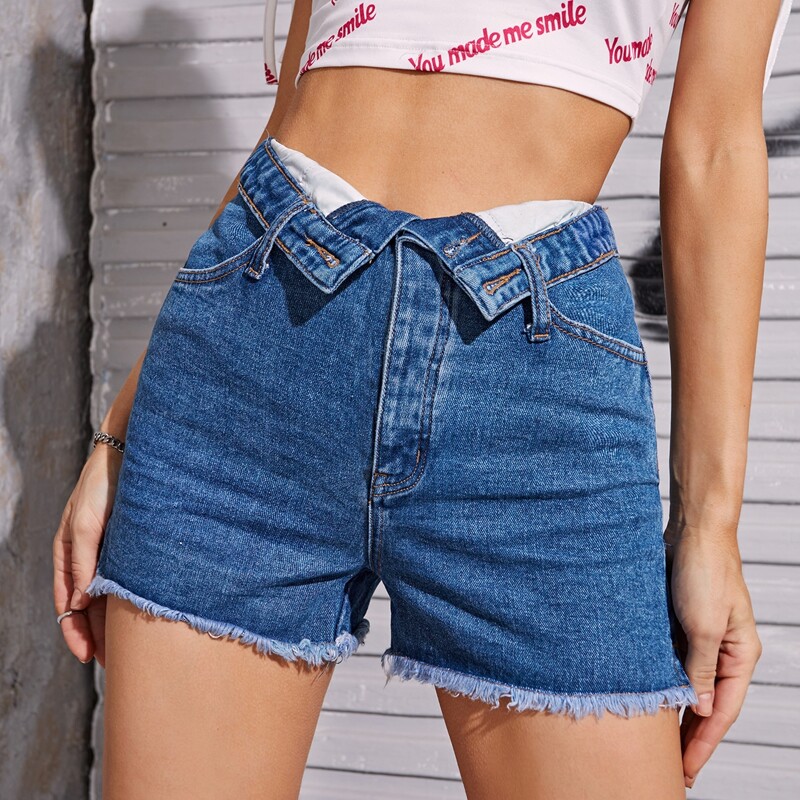 

Fold Waist Raw Hem Denim Shorts, Medium wash