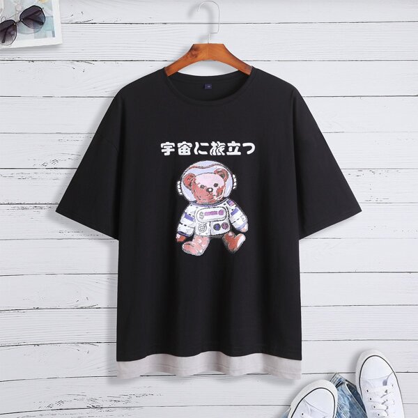 

Men Letter & Cartoon Bear Print Tee, Black
