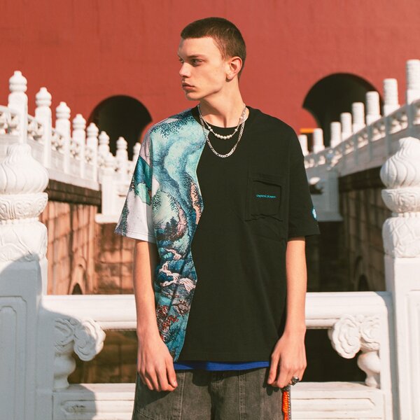 

Men Letter & Landscape Graphic Patch Pocket Tee, Black