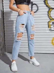 Jeans boyfriend rotos con bolsillo lateral sin cinturón - Lavado ligero - Ver 3