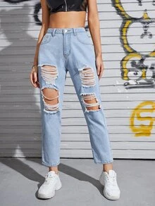 Jeans boyfriend rotos con bolsillo lateral sin cinturón - Lavado ligero - Ver 4