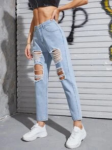 Jeans boyfriend rotos con bolsillo lateral sin cinturón - Lavado ligero - Ver 6