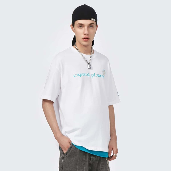 

Men Chinese Letter & Graphic Print Drop Shoulder Patch Tee, White