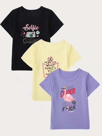 تيشيرت بجرافيك كرتون وعبارة بنات - 3 قطع